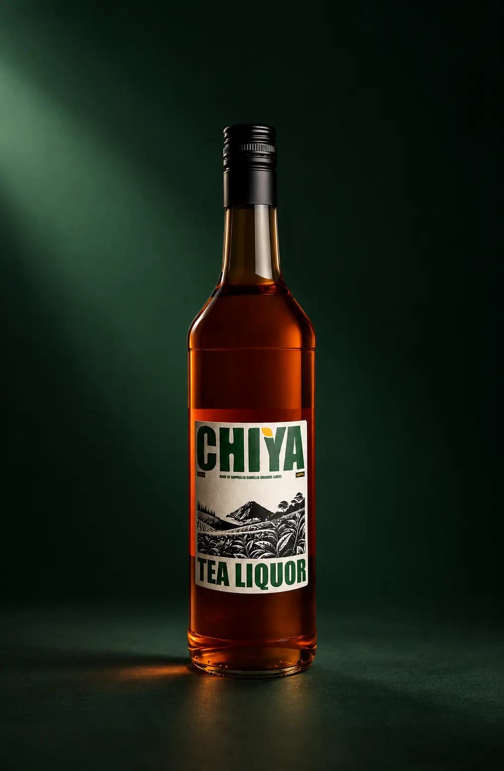 Chiya tea liquor bottle standing on a green backdrop