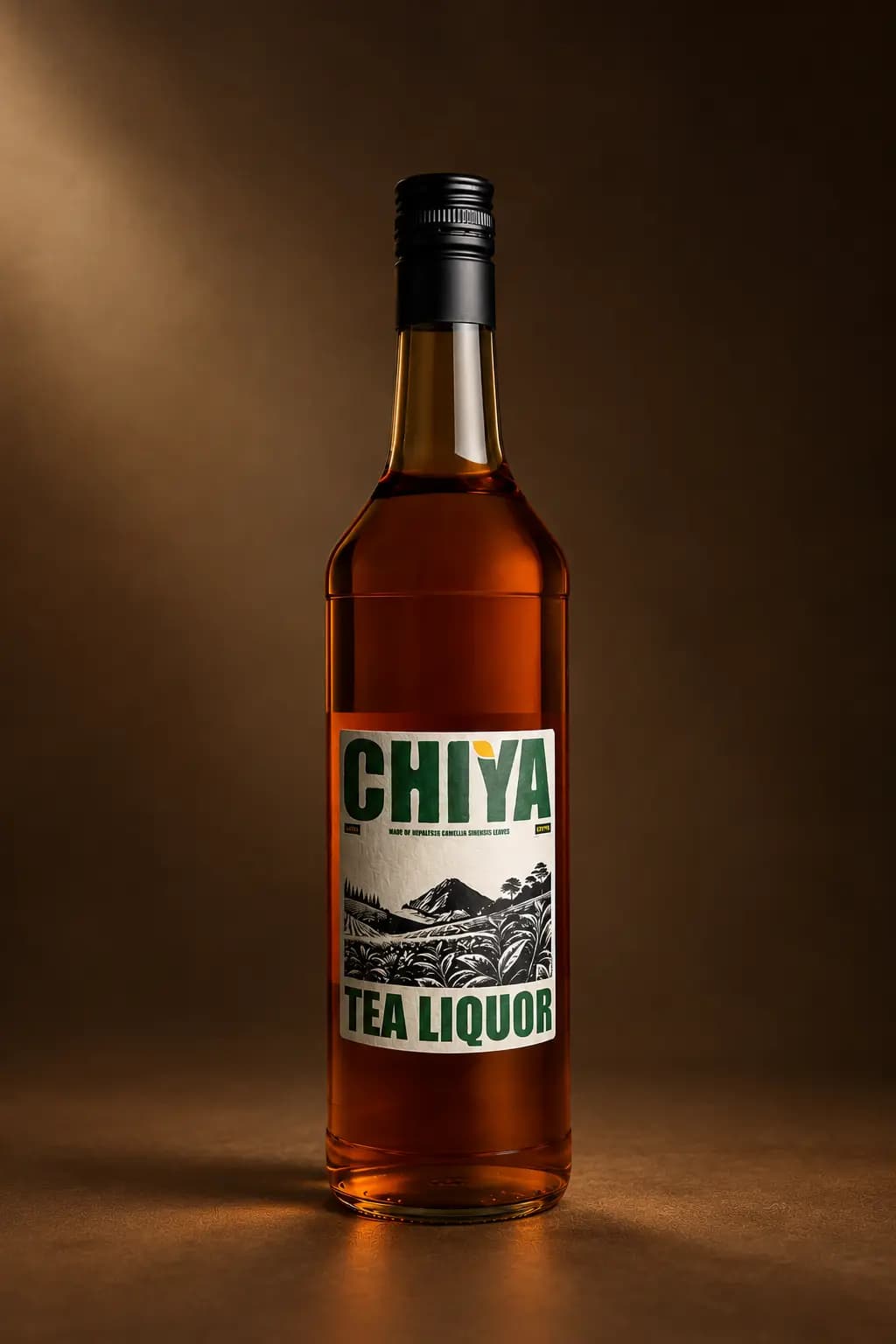 Close-up of the Chiya bottle label and amber tea liquor