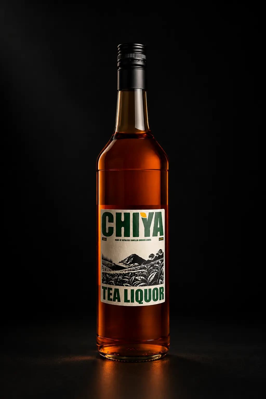 Chiya bottle on a table with tea leaves scattered around it